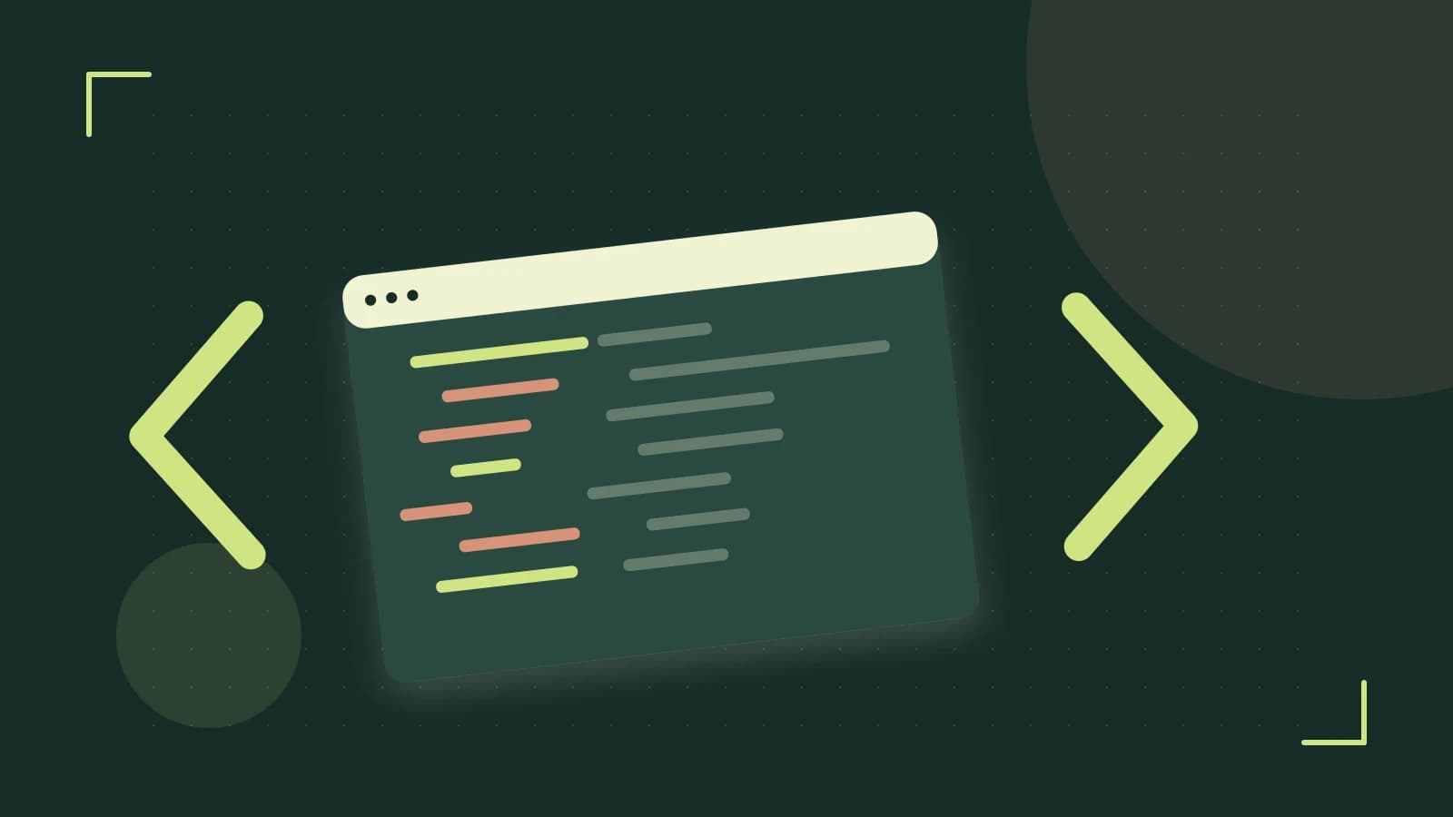 Editorial illustration of an abstract code editor, syntax blocks and oversized programming brackets