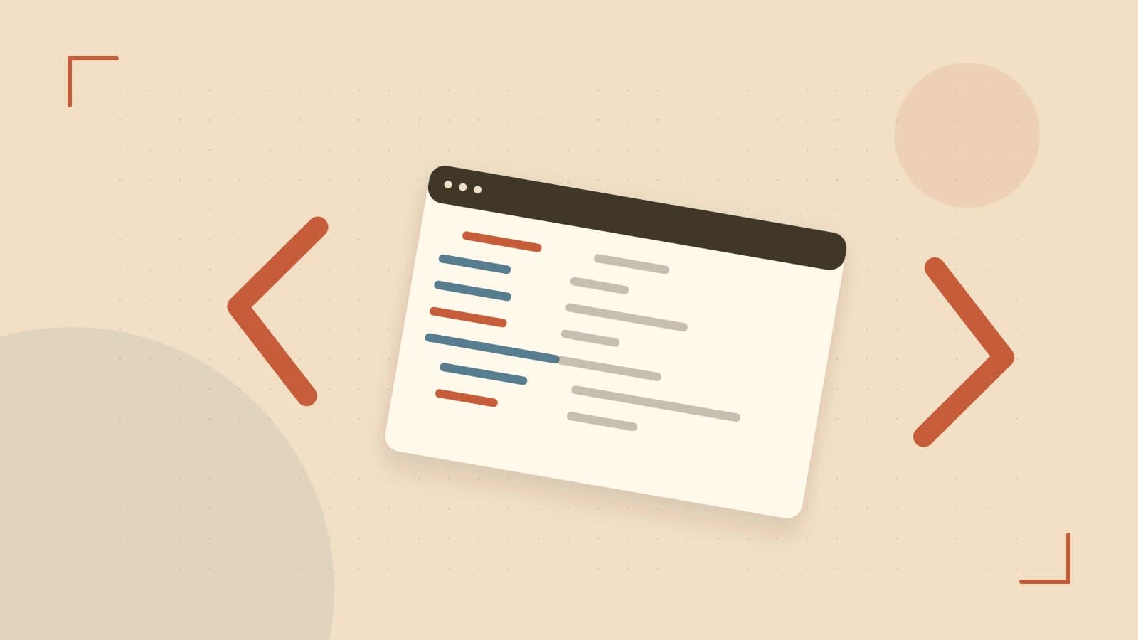 Editorial illustration of an abstract code editor, syntax blocks and oversized programming brackets