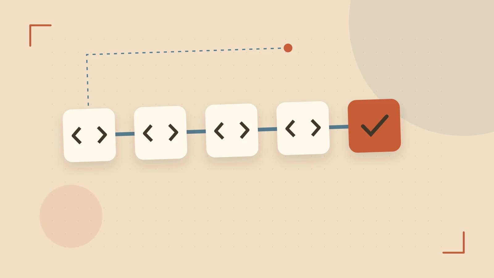 Editorial illustration of a branching build pipeline, staged transformations and a completed check