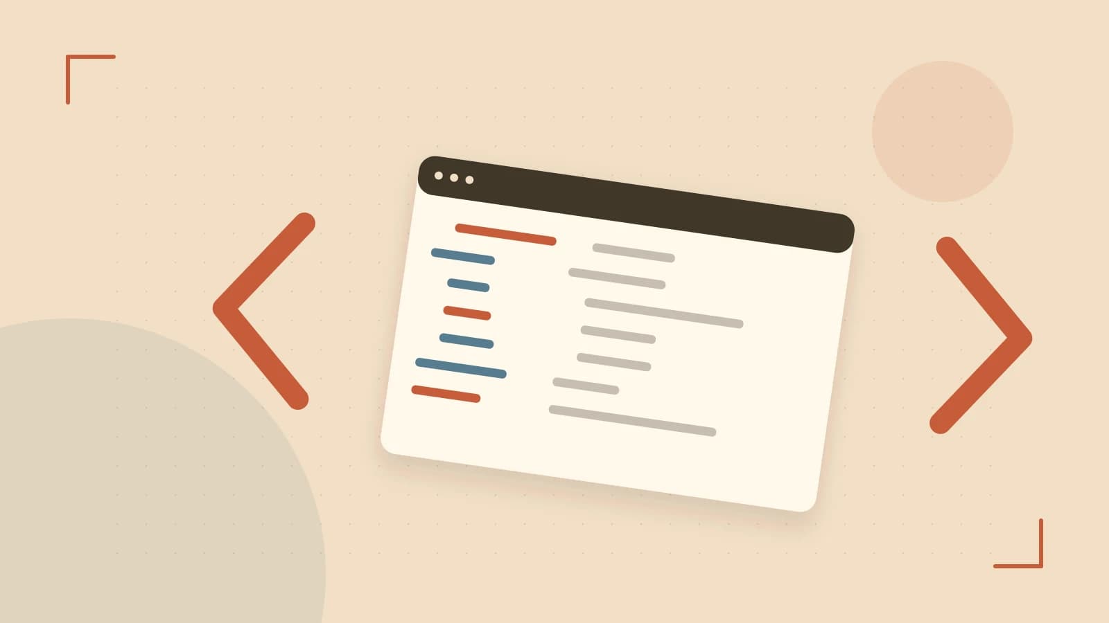 Editorial illustration of an abstract code editor, syntax blocks and oversized programming brackets