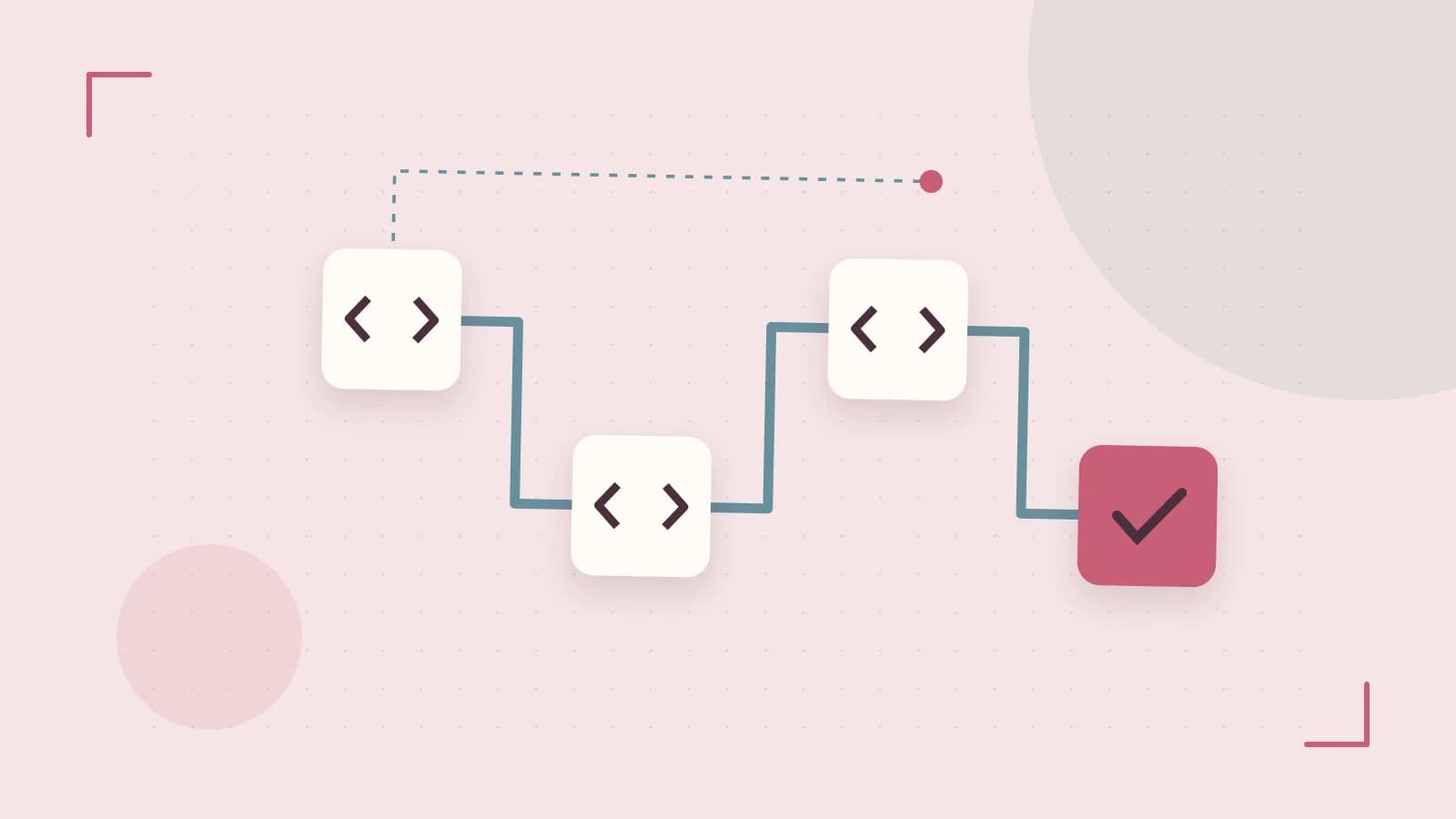 Editorial illustration of a branching build pipeline, staged transformations and a completed check