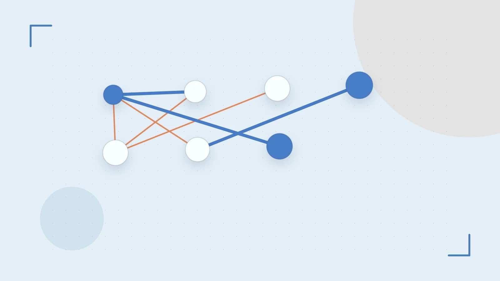 Editorial illustration of an algorithmic node graph with branching paths and a highlighted result