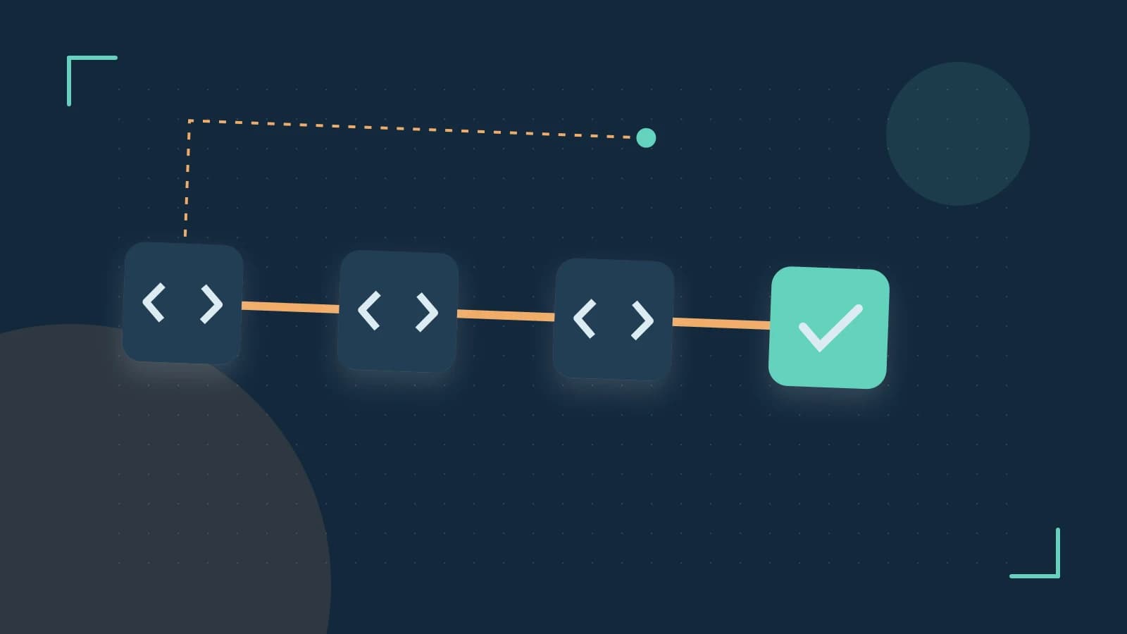 Editorial illustration of a branching build pipeline, staged transformations and a completed check