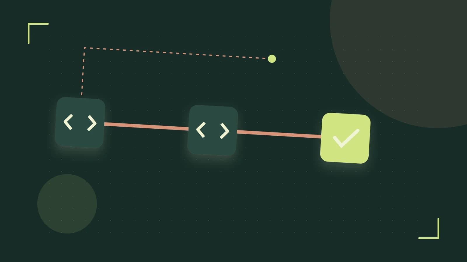 Editorial illustration of a branching build pipeline, staged transformations and a completed check