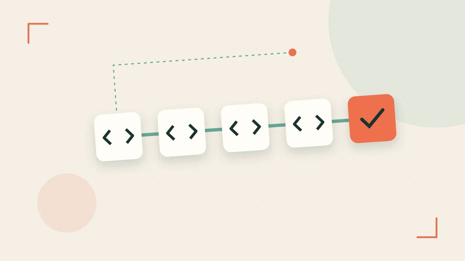 Editorial illustration of a branching build pipeline, staged transformations and a completed check
