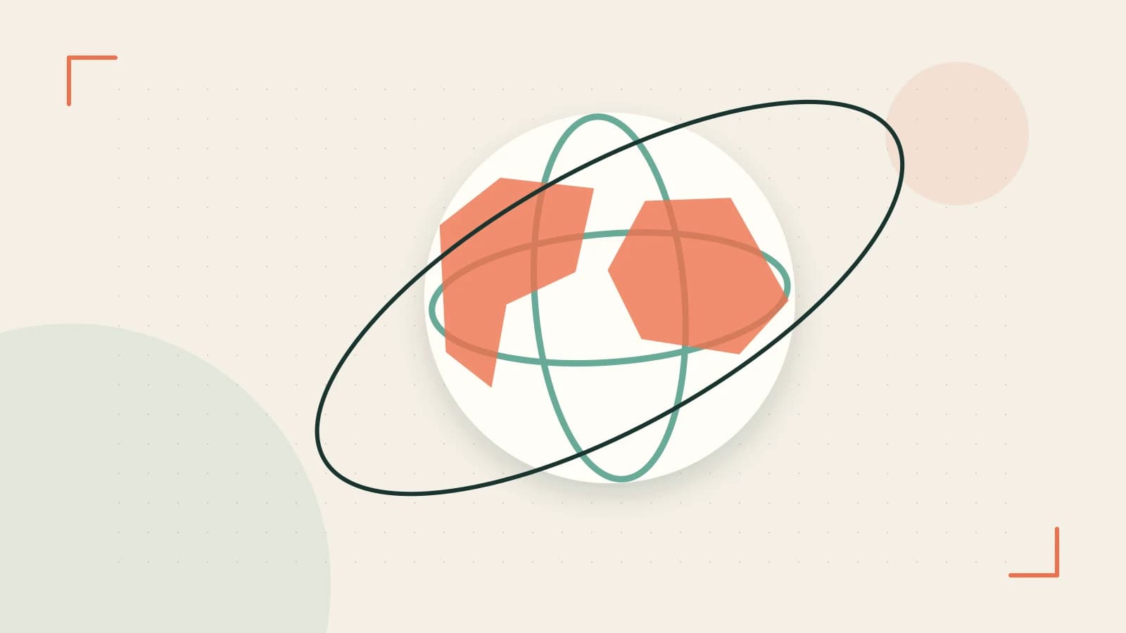 Editorial illustration of an editorial globe with meridians and layered geographic shapes