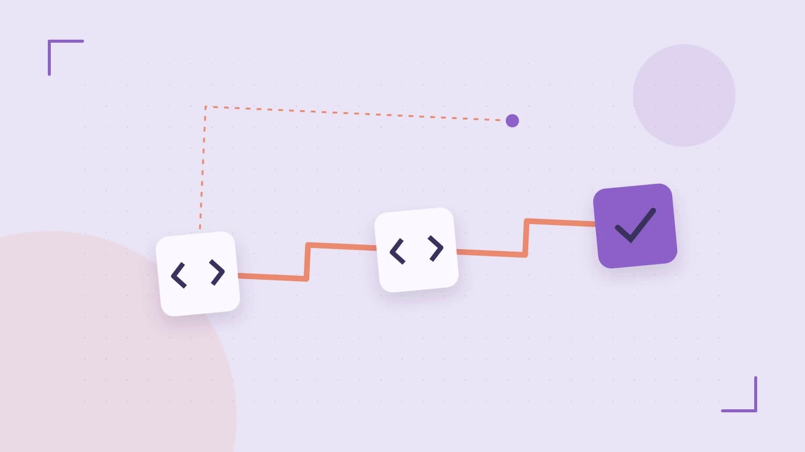 Editorial illustration of a branching build pipeline, staged transformations and a completed check