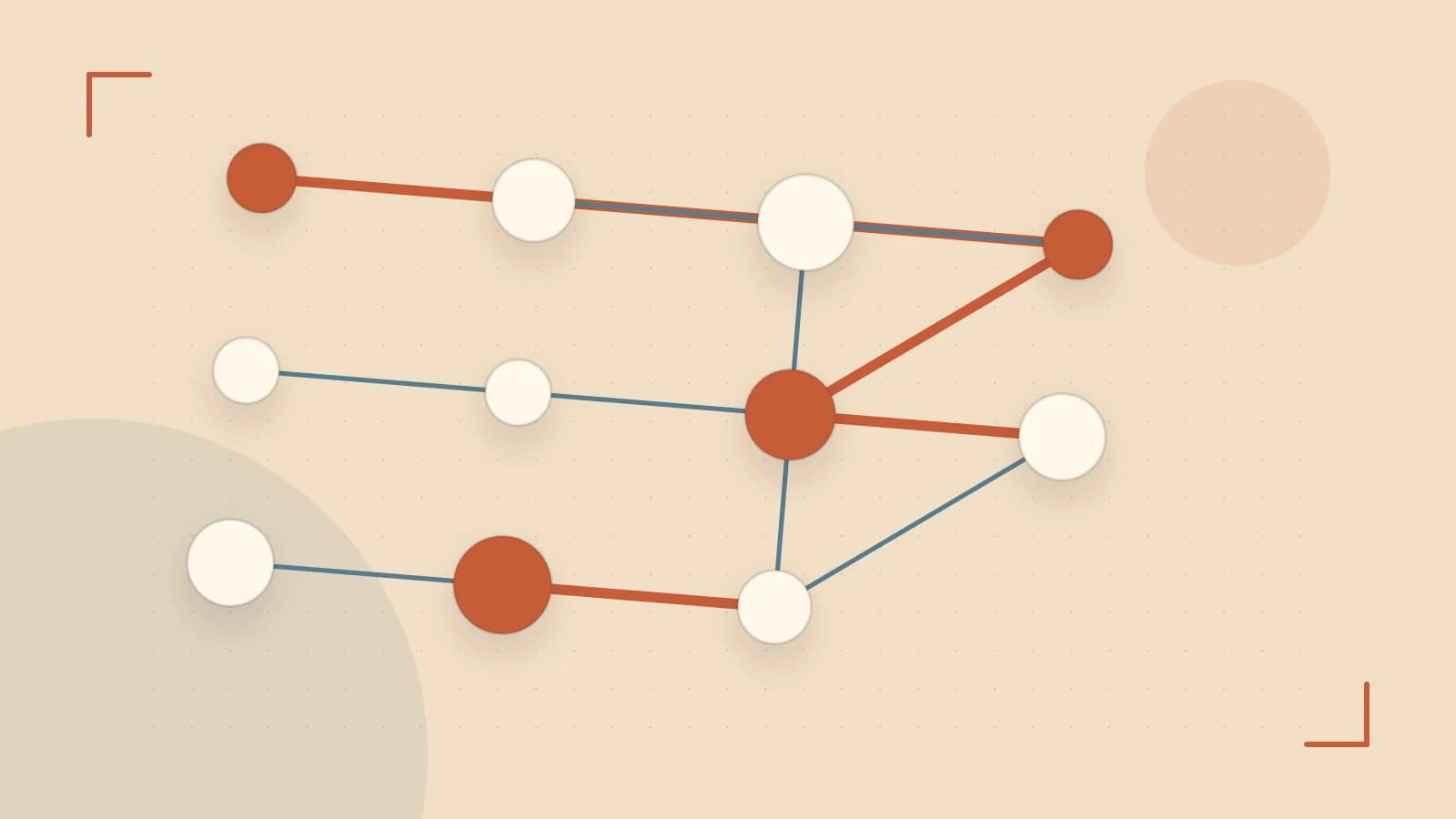 Editorial illustration of an algorithmic node graph with branching paths and a highlighted result