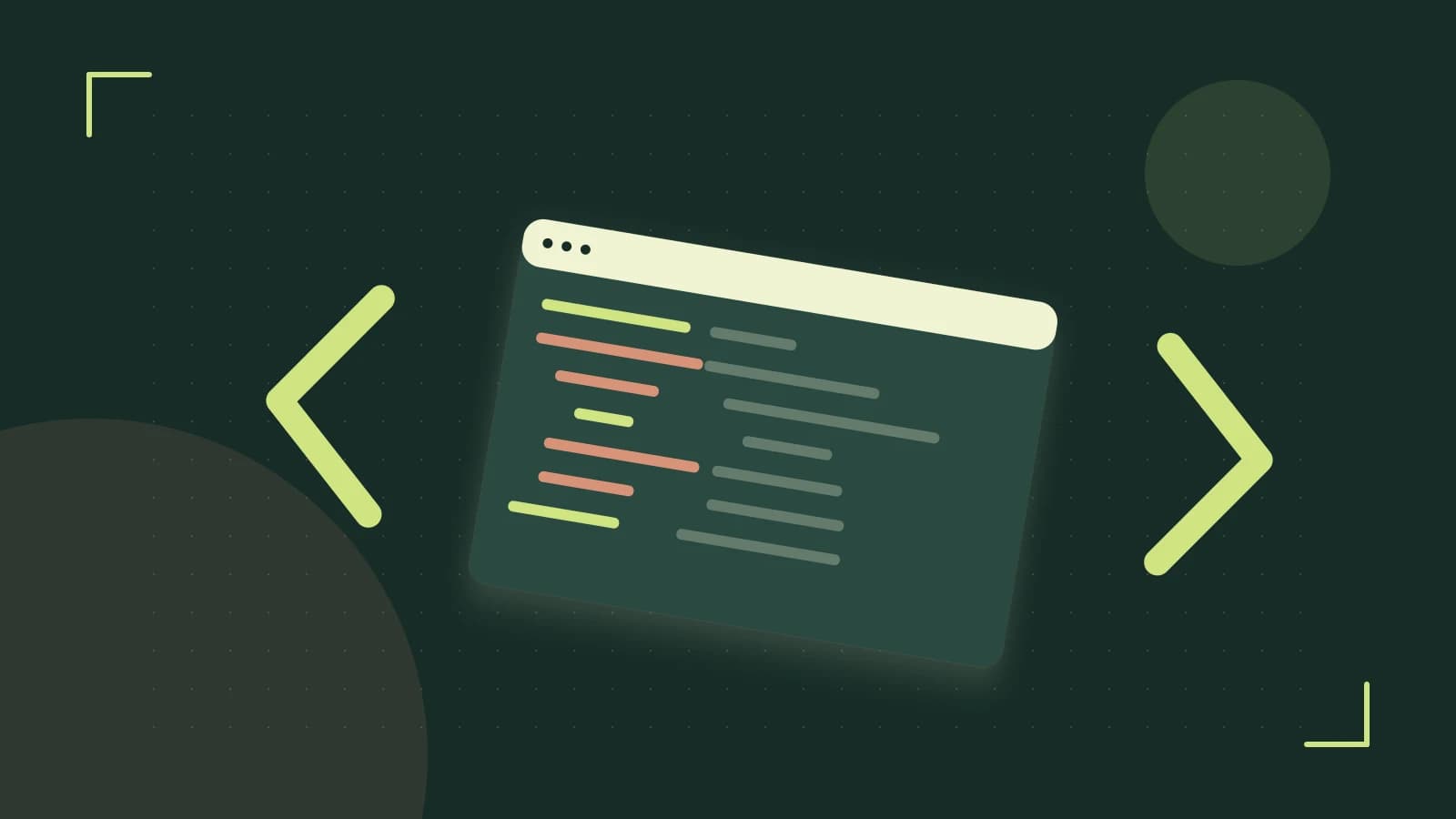 Editorial illustration of an abstract code editor, syntax blocks and oversized programming brackets