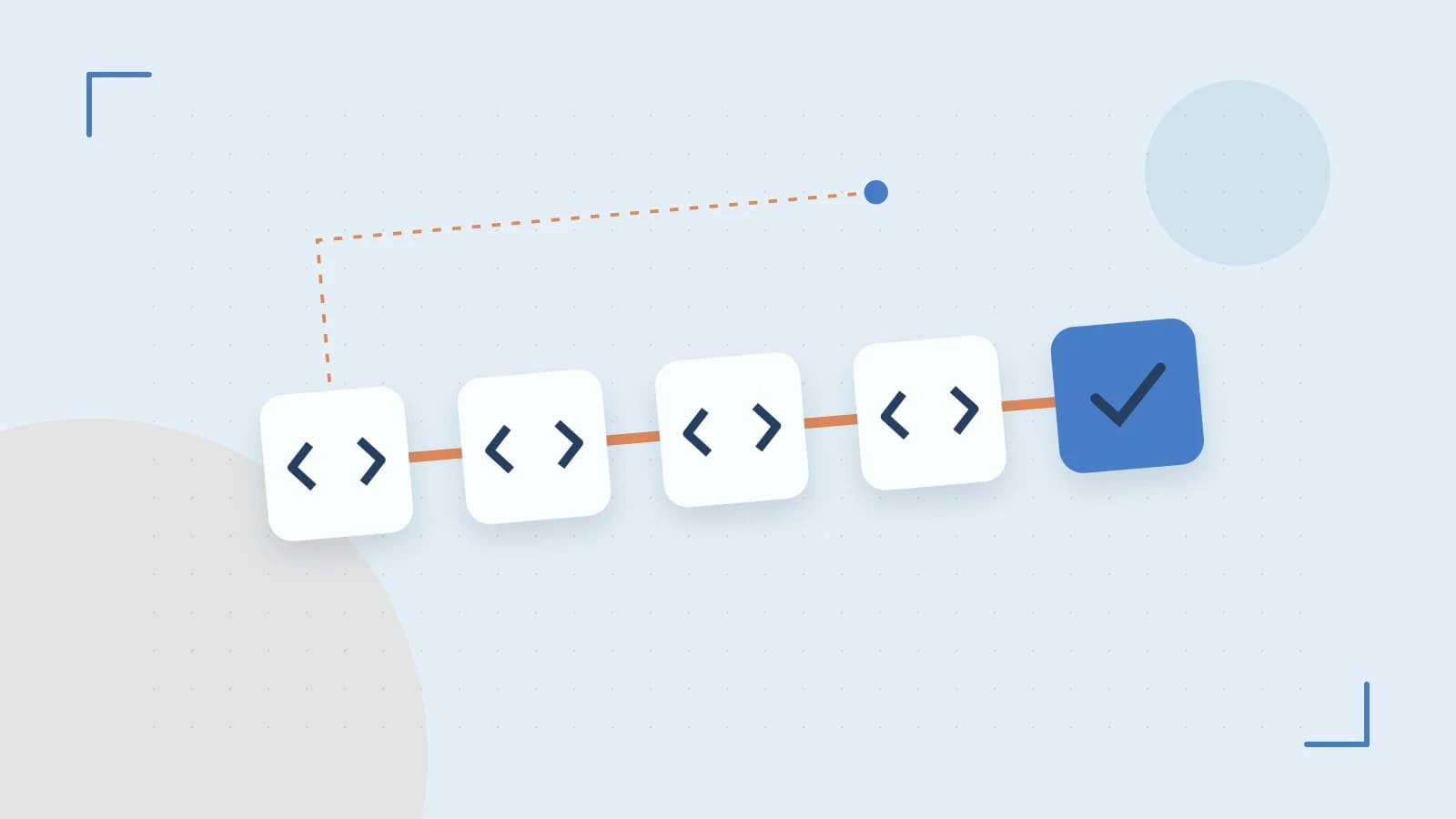 Editorial illustration of a branching build pipeline, staged transformations and a completed check