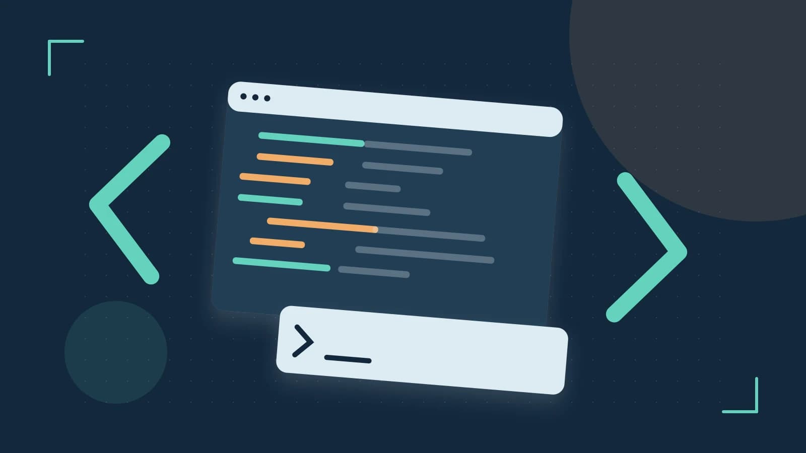 Editorial illustration of an abstract code editor, syntax blocks and oversized programming brackets