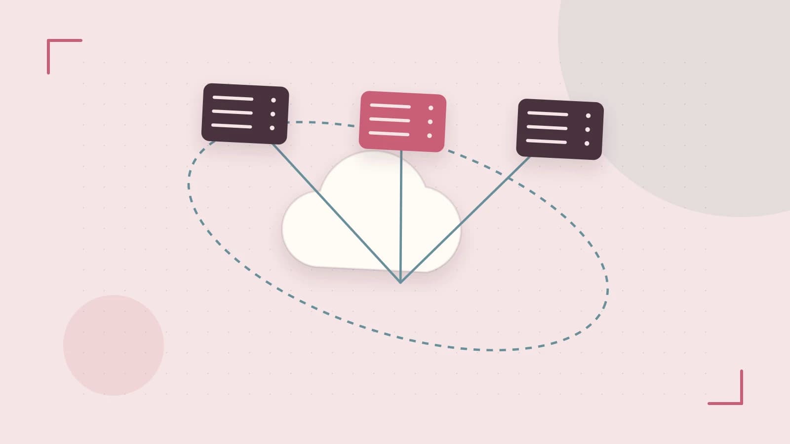 Editorial illustration of cloud infrastructure, connected server racks and an orbital service map