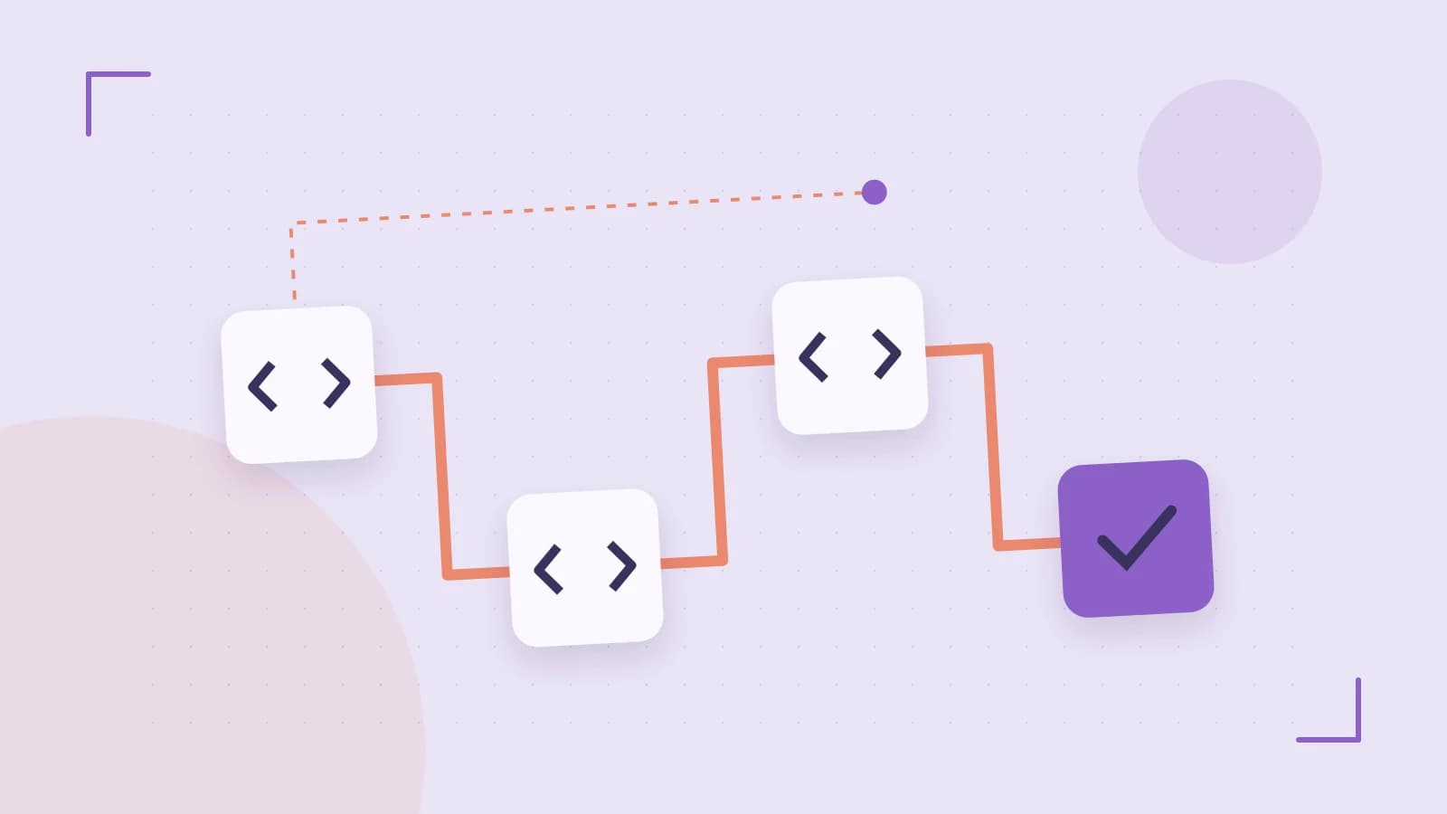 Editorial illustration of a branching build pipeline, staged transformations and a completed check