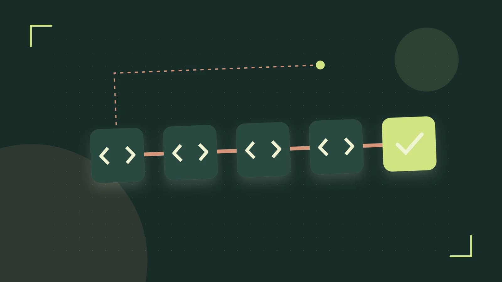 Editorial illustration of a branching build pipeline, staged transformations and a completed check