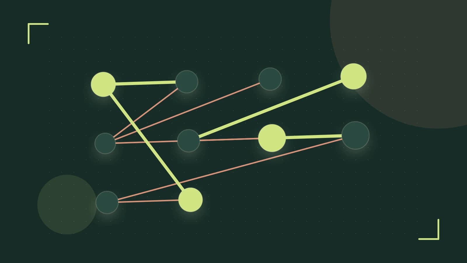 Editorial illustration of an algorithmic node graph with branching paths and a highlighted result