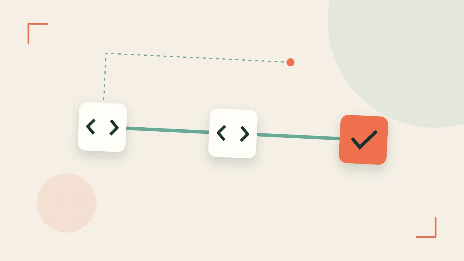 Editorial illustration of a branching build pipeline, staged transformations and a completed check