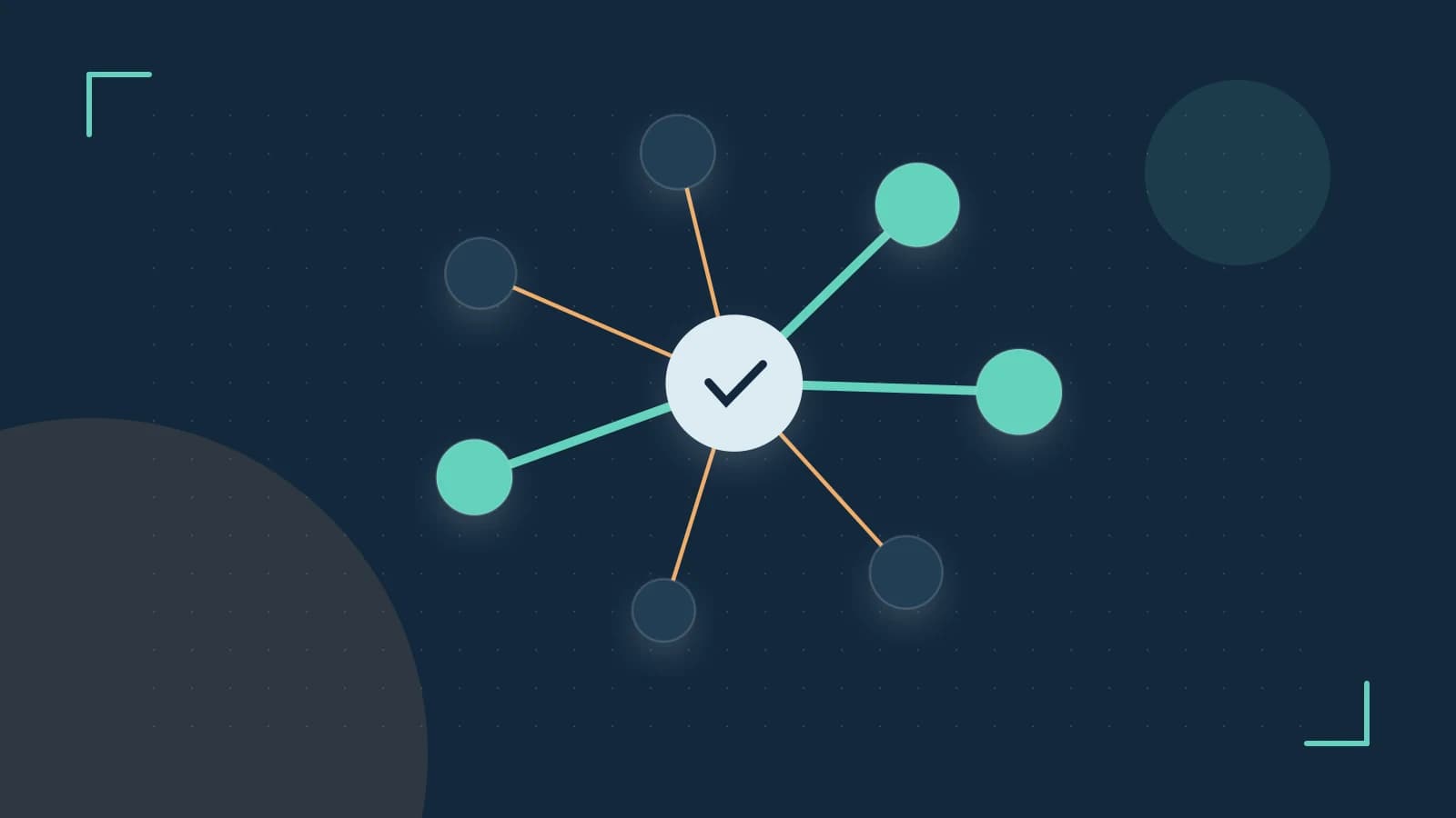Editorial illustration of an algorithmic node graph with branching paths and a highlighted result