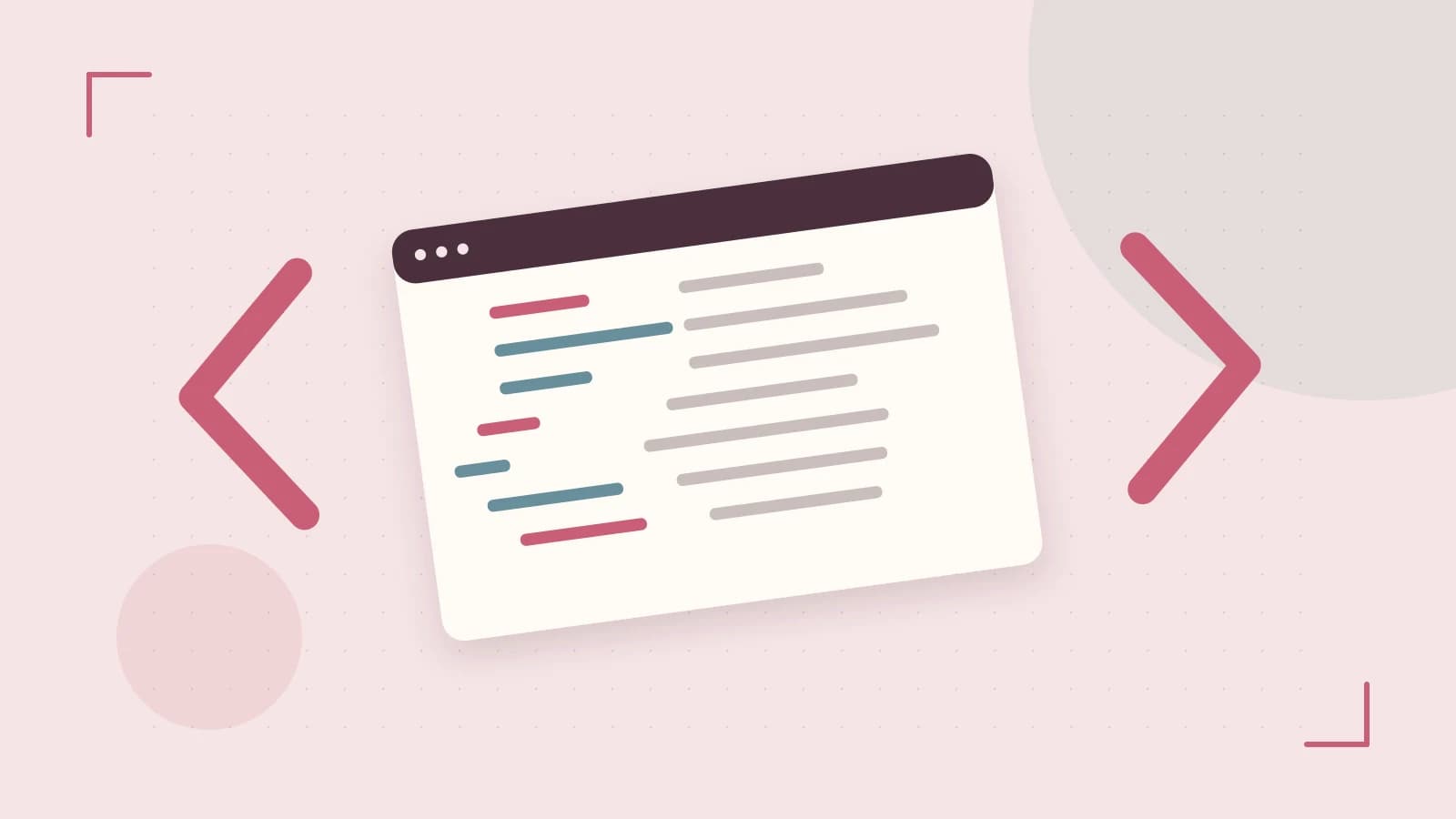 Editorial illustration of an abstract code editor, syntax blocks and oversized programming brackets