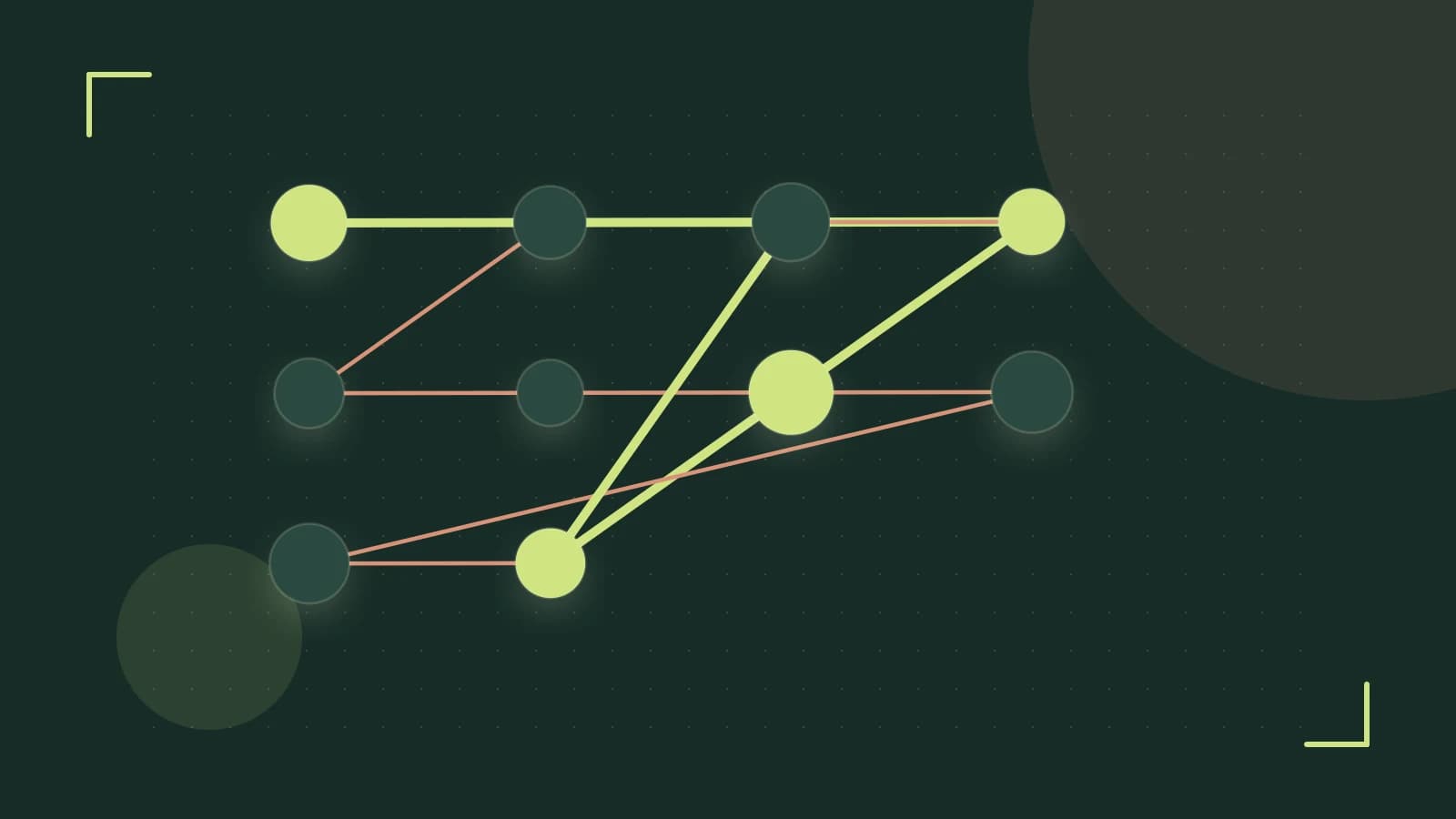 Editorial illustration of an algorithmic node graph with branching paths and a highlighted result