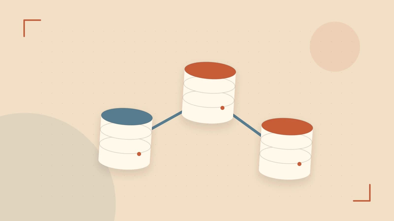 Editorial illustration of structured records, database cylinders and relationships between tables