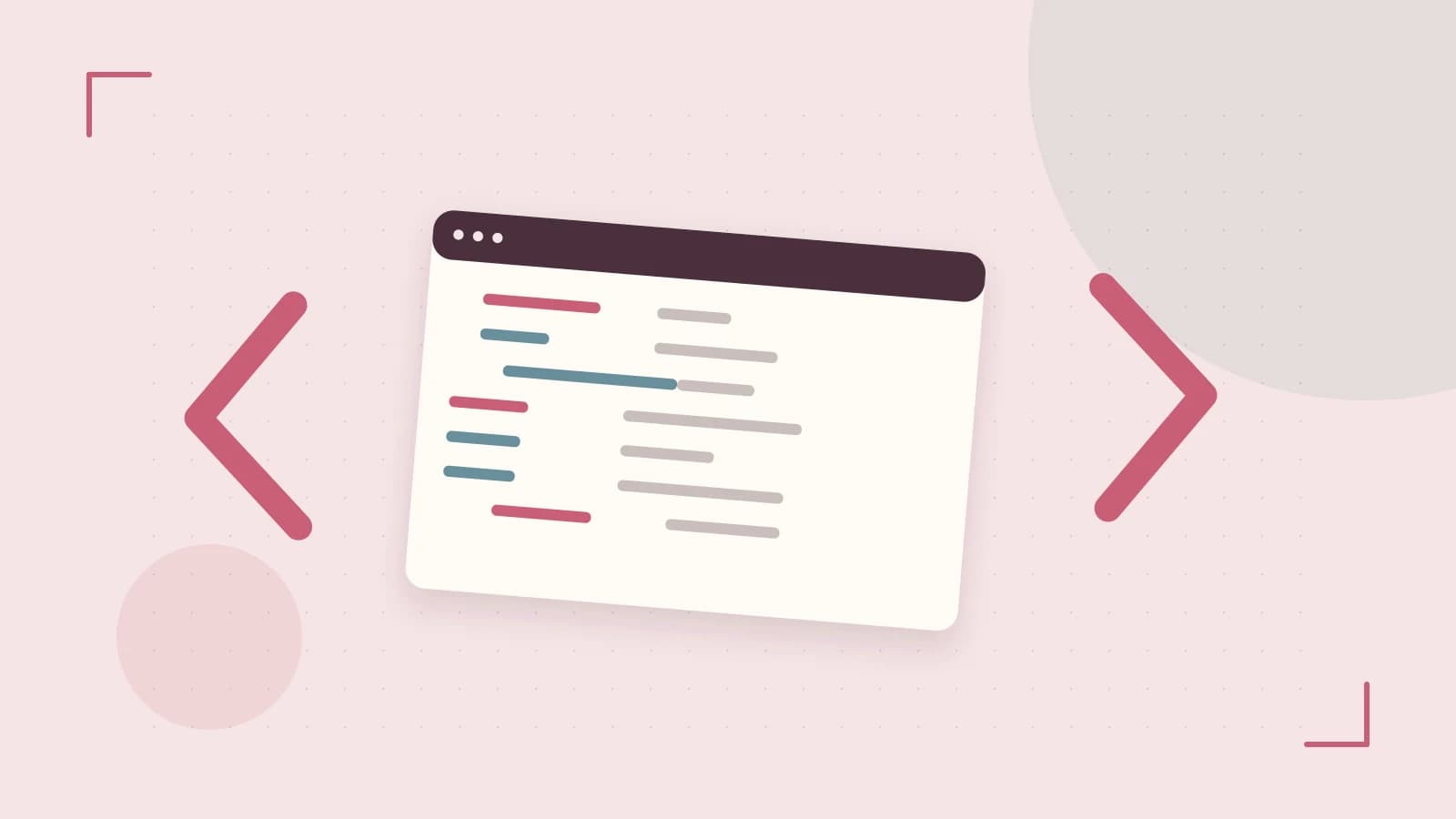 Editorial illustration of an abstract code editor, syntax blocks and oversized programming brackets