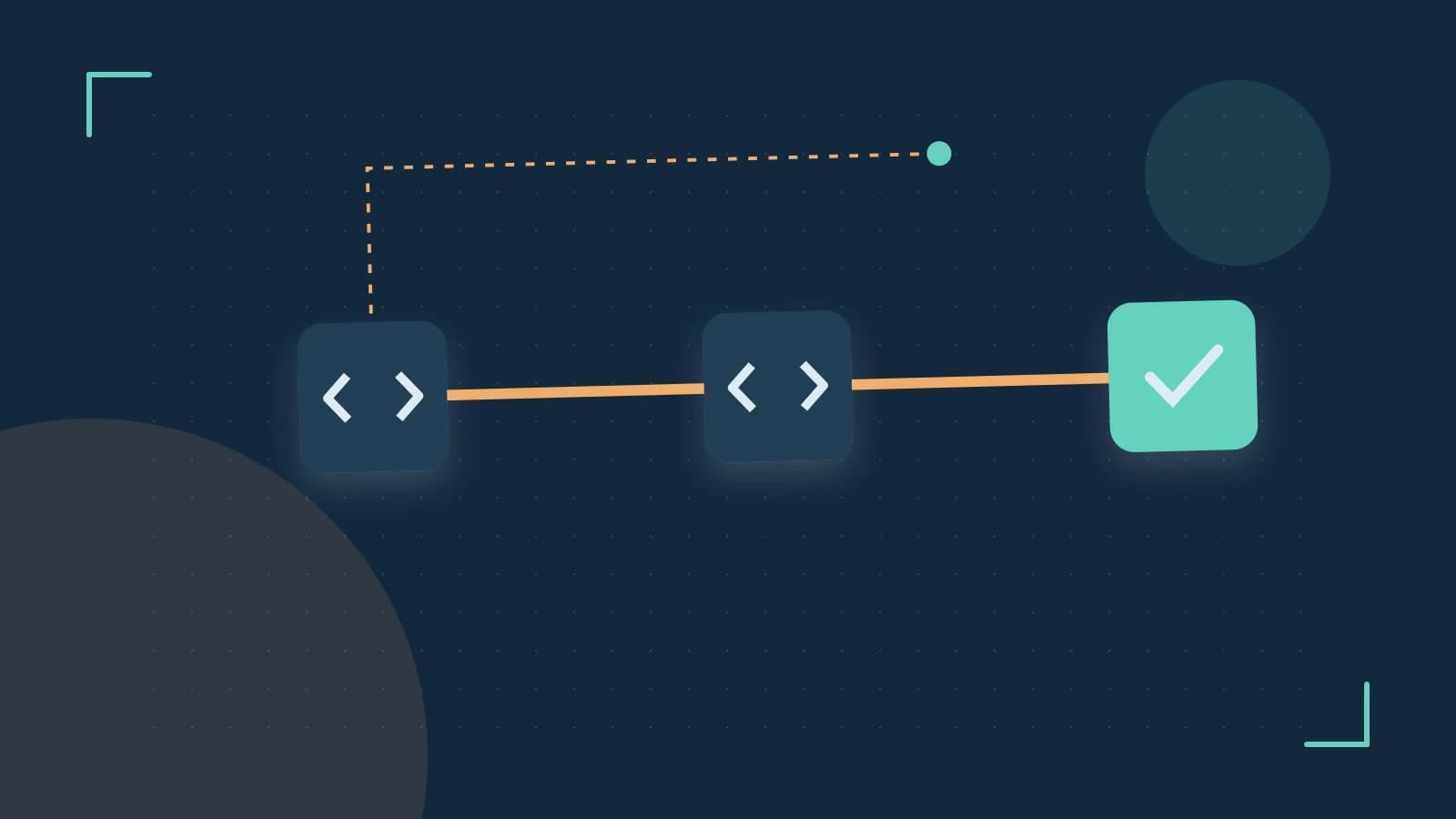 Editorial illustration of a branching build pipeline, staged transformations and a completed check