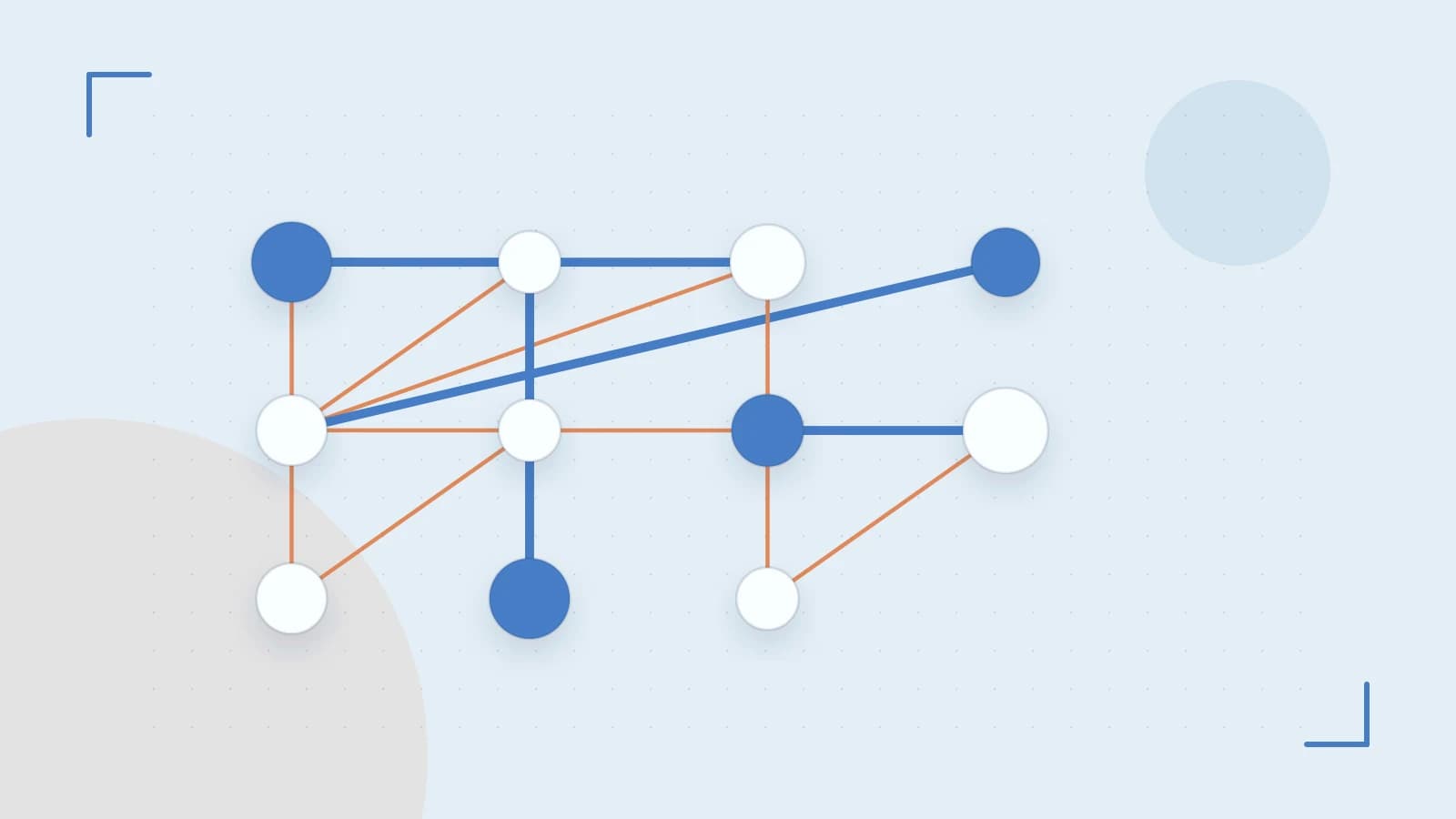 Editorial illustration of an algorithmic node graph with branching paths and a highlighted result