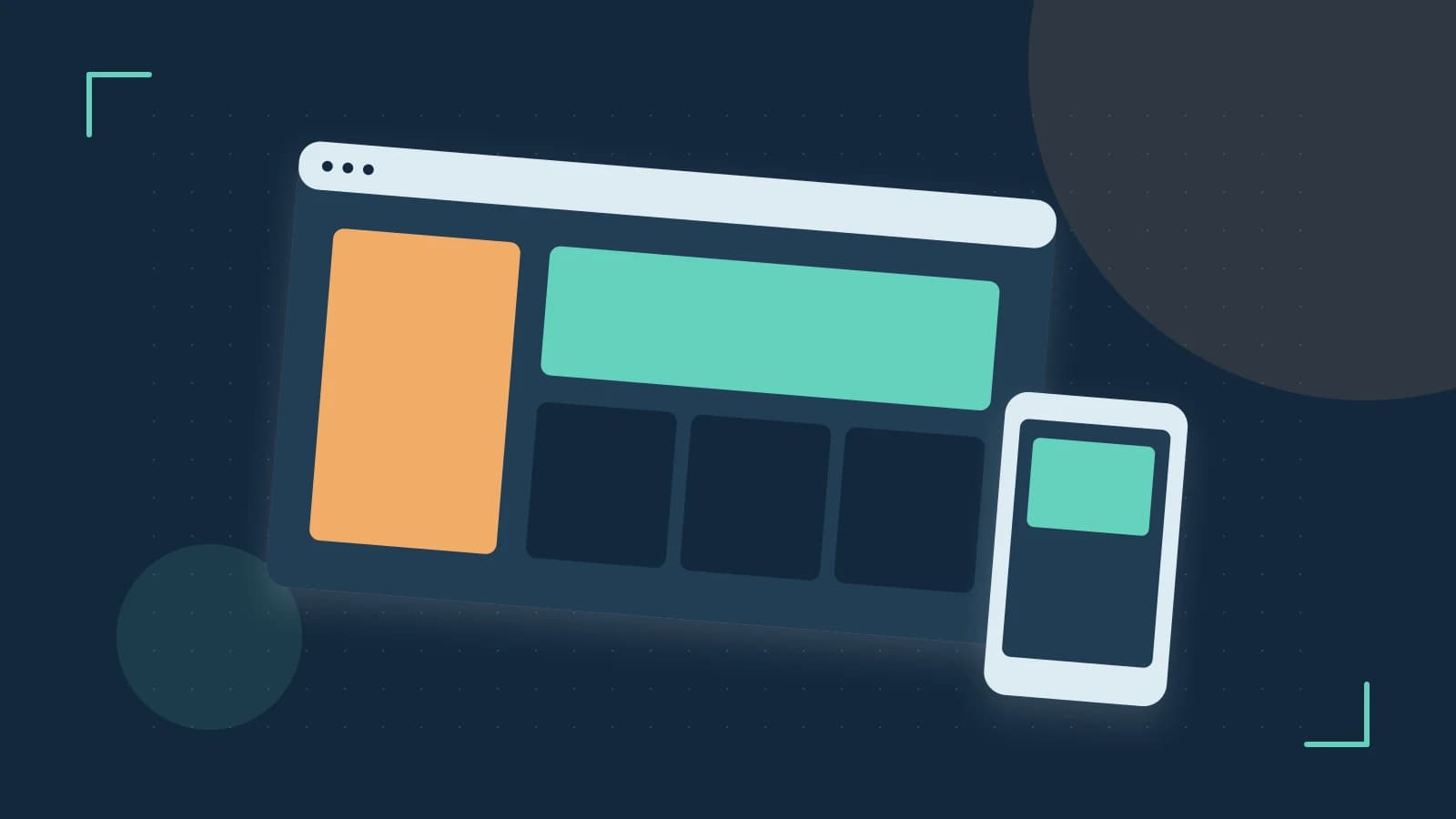 Editorial illustration of responsive browser layouts, overlapping design components and a color system