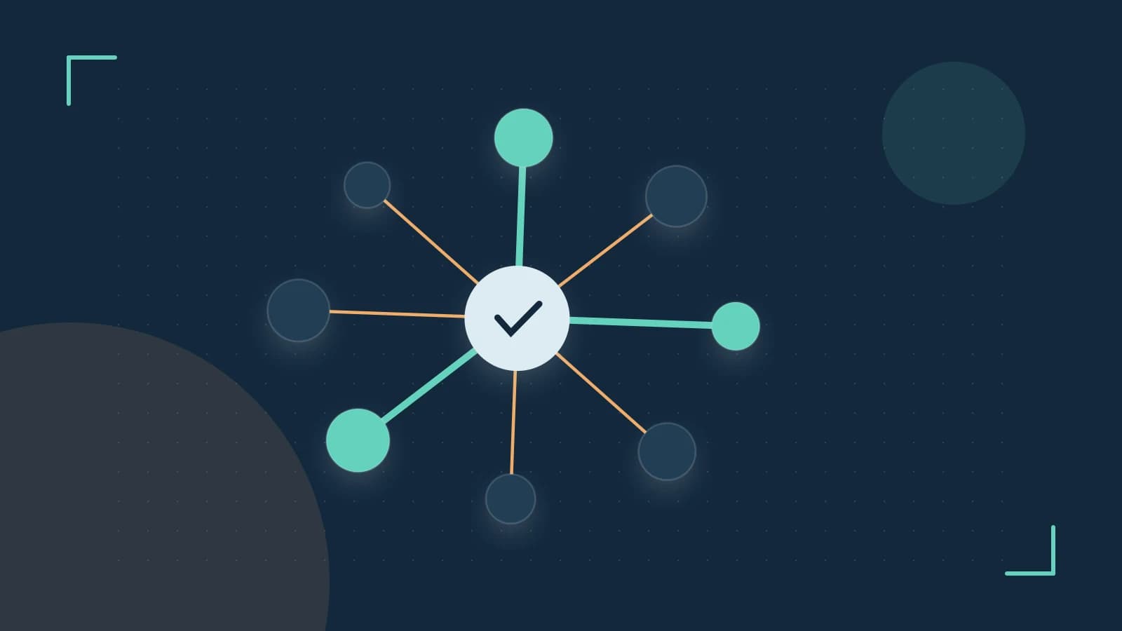 Editorial illustration of an algorithmic node graph with branching paths and a highlighted result