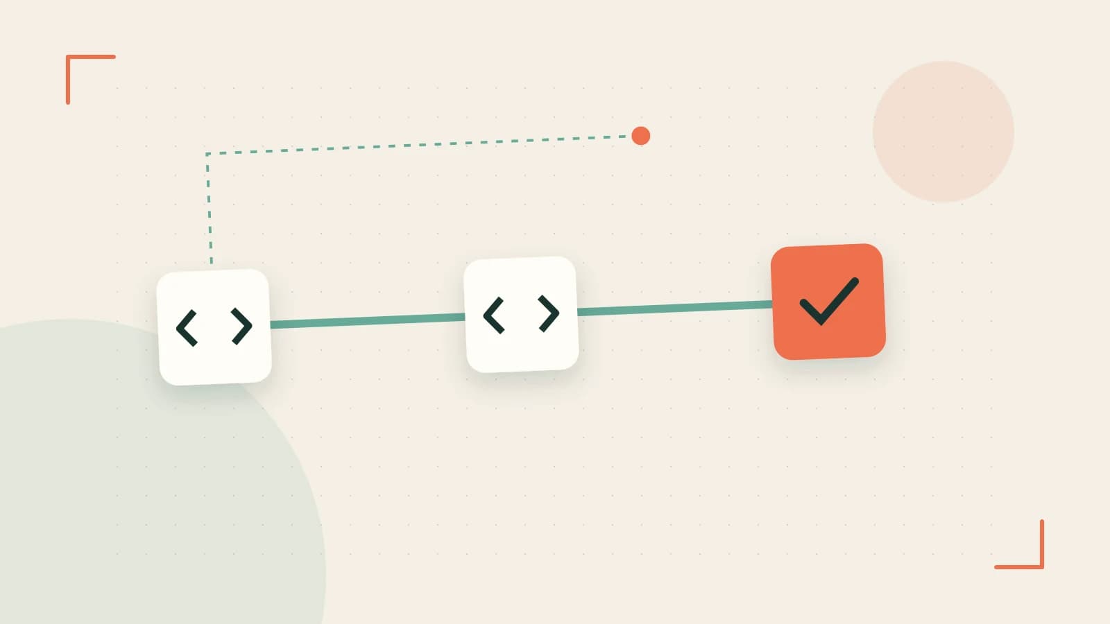 Editorial illustration of a branching build pipeline, staged transformations and a completed check