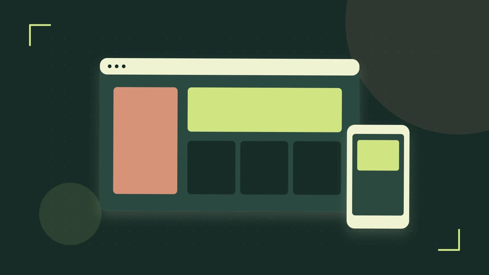 Editorial illustration of responsive browser layouts, overlapping design components and a color system