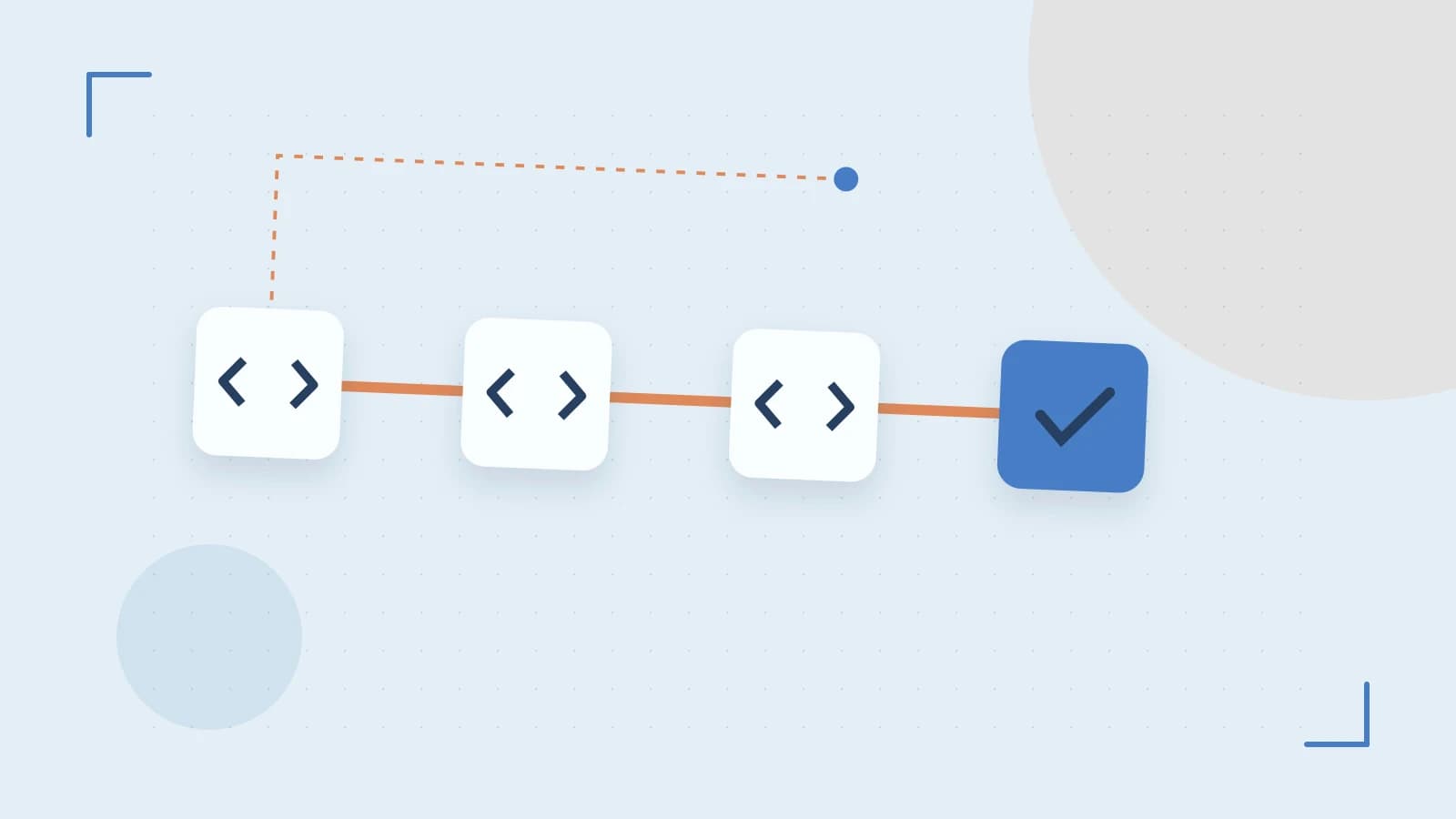 Editorial illustration of a branching build pipeline, staged transformations and a completed check