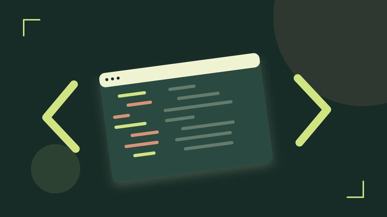 Editorial illustration of an abstract code editor, syntax blocks and oversized programming brackets