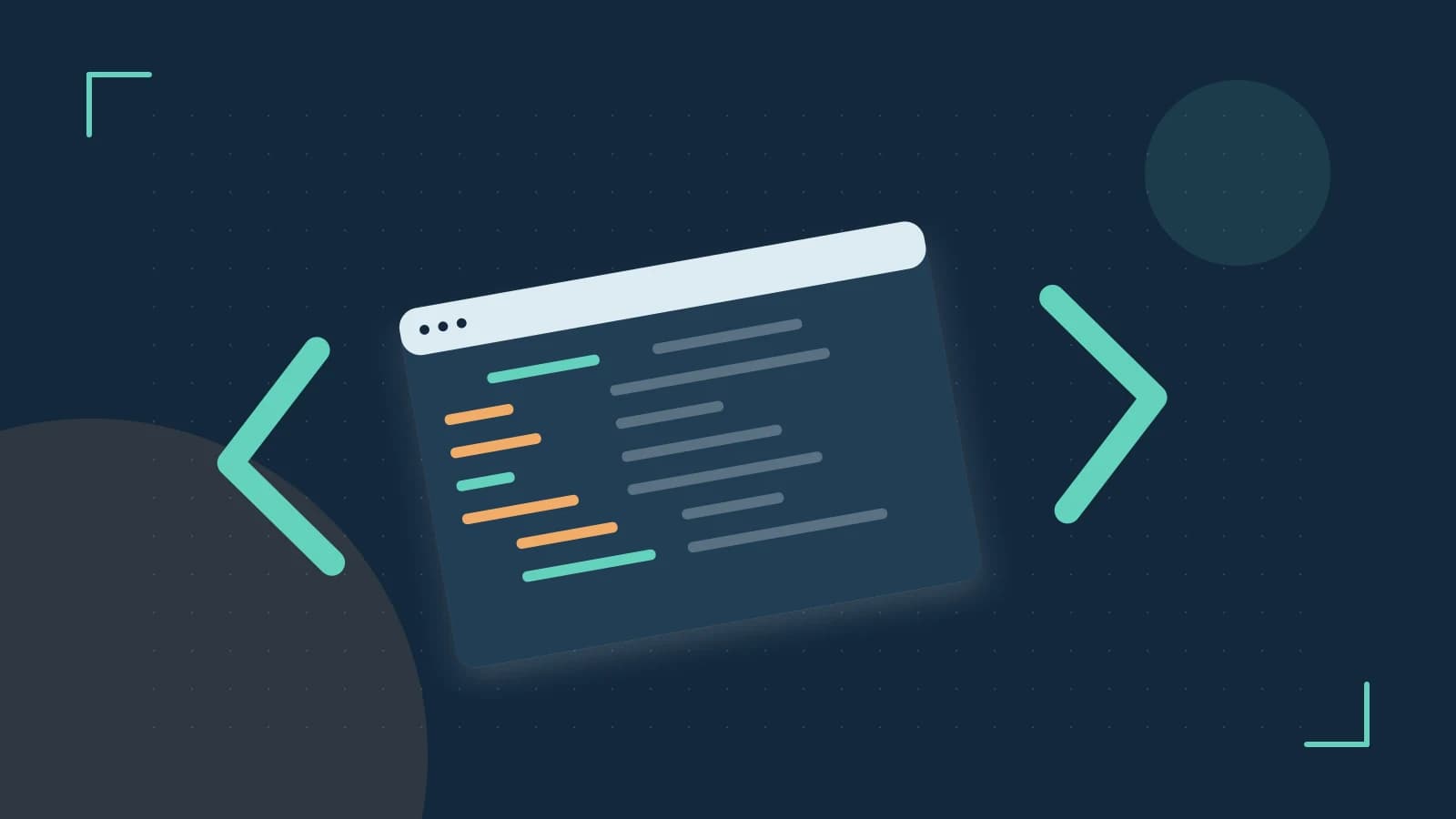 Editorial illustration of an abstract code editor, syntax blocks and oversized programming brackets