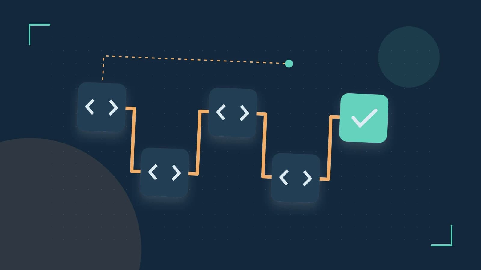 Editorial illustration of a branching build pipeline, staged transformations and a completed check