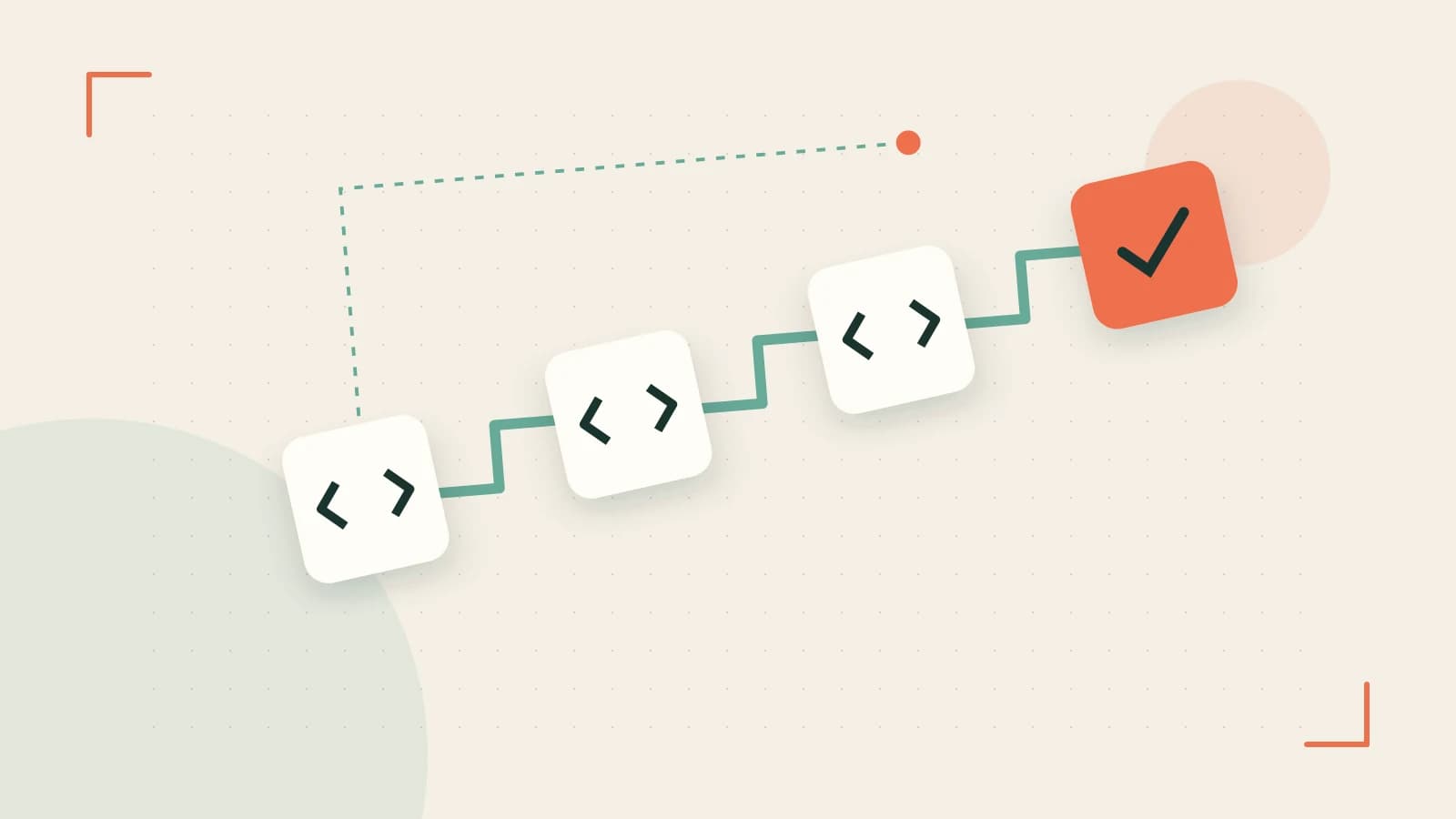 Editorial illustration of a branching build pipeline, staged transformations and a completed check