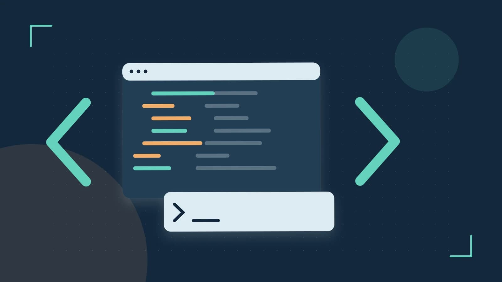 Editorial illustration of an abstract code editor, syntax blocks and oversized programming brackets