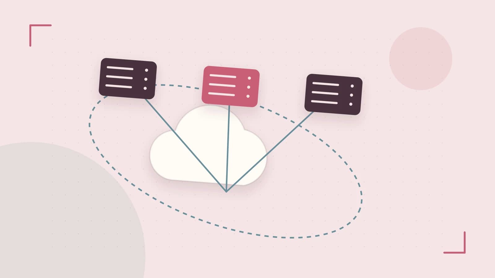 Editorial illustration of cloud infrastructure, connected server racks and an orbital service map