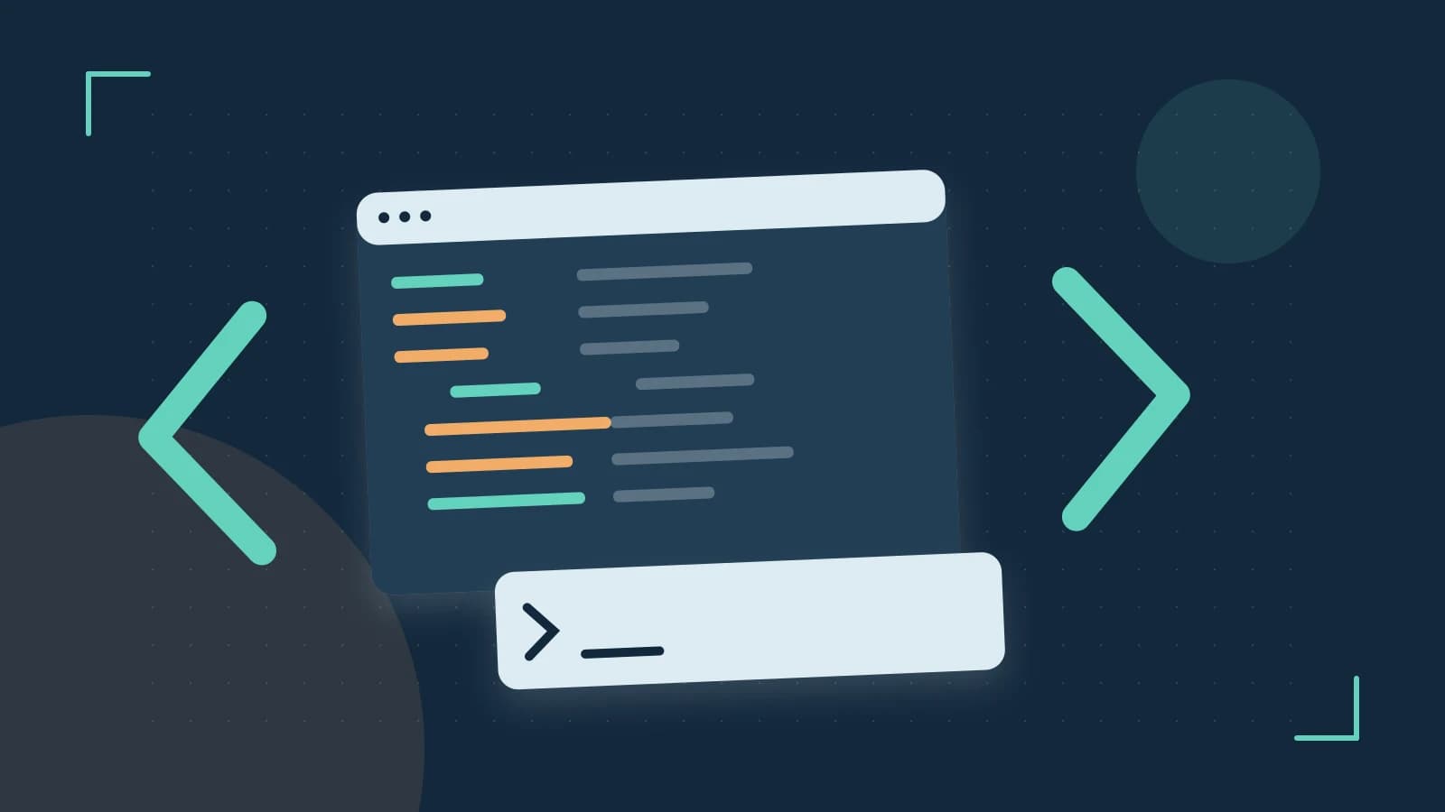 Editorial illustration of an abstract code editor, syntax blocks and oversized programming brackets