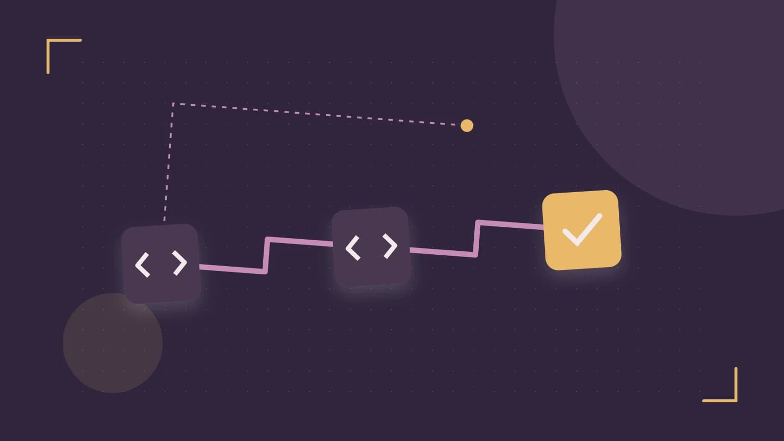 Editorial illustration of a branching build pipeline, staged transformations and a completed check