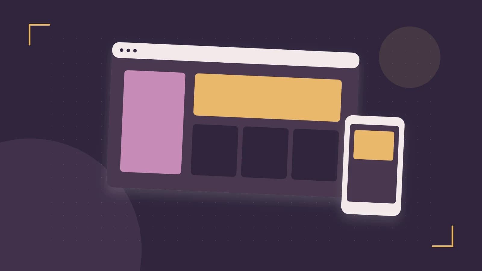 Editorial illustration of responsive browser layouts, overlapping design components and a color system