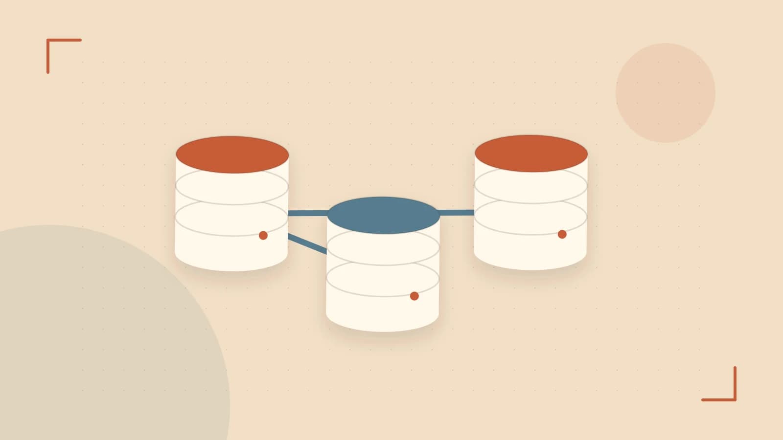 Editorial illustration of structured records, database cylinders and relationships between tables