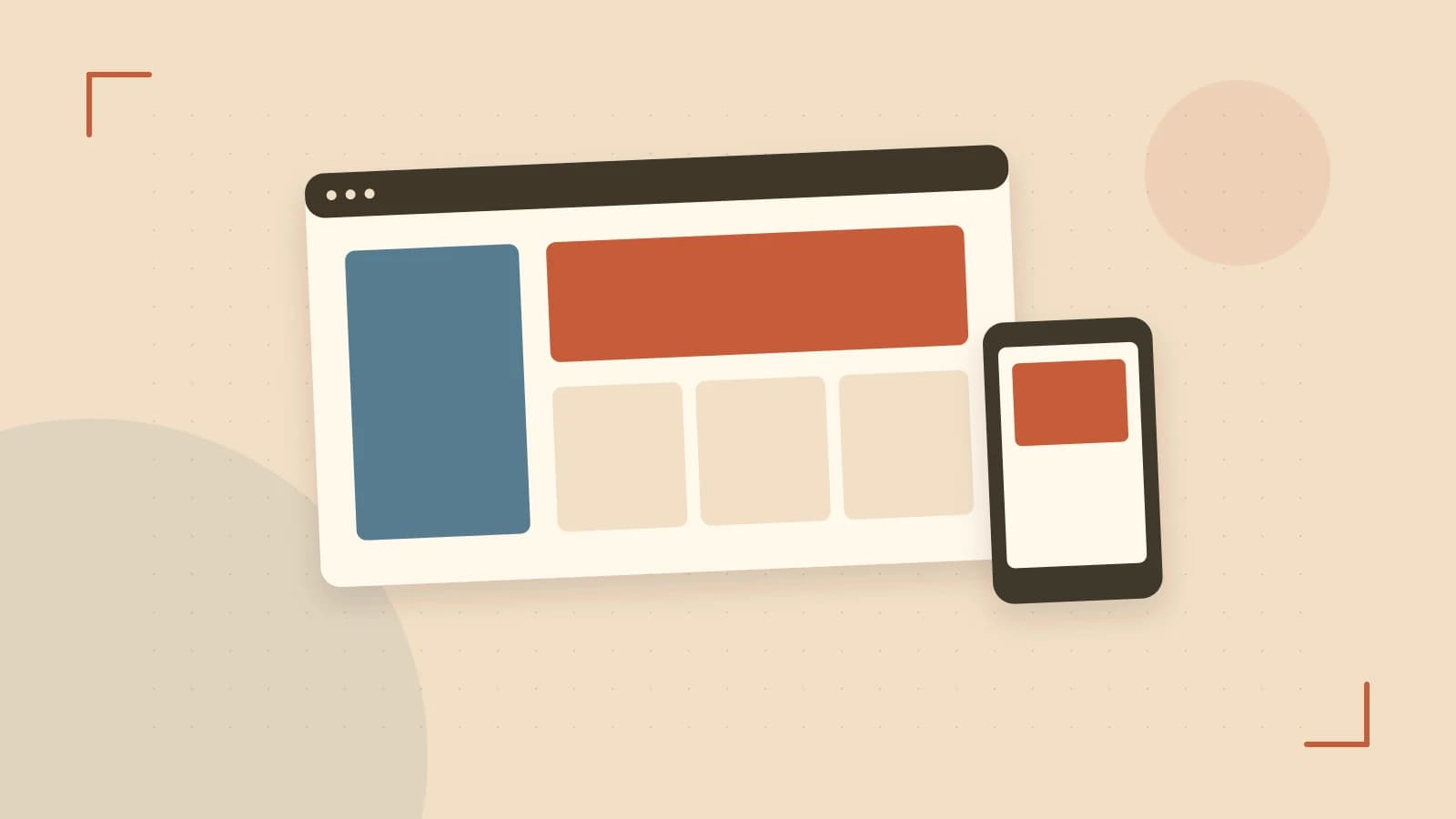 Editorial illustration of responsive browser layouts, overlapping design components and a color system