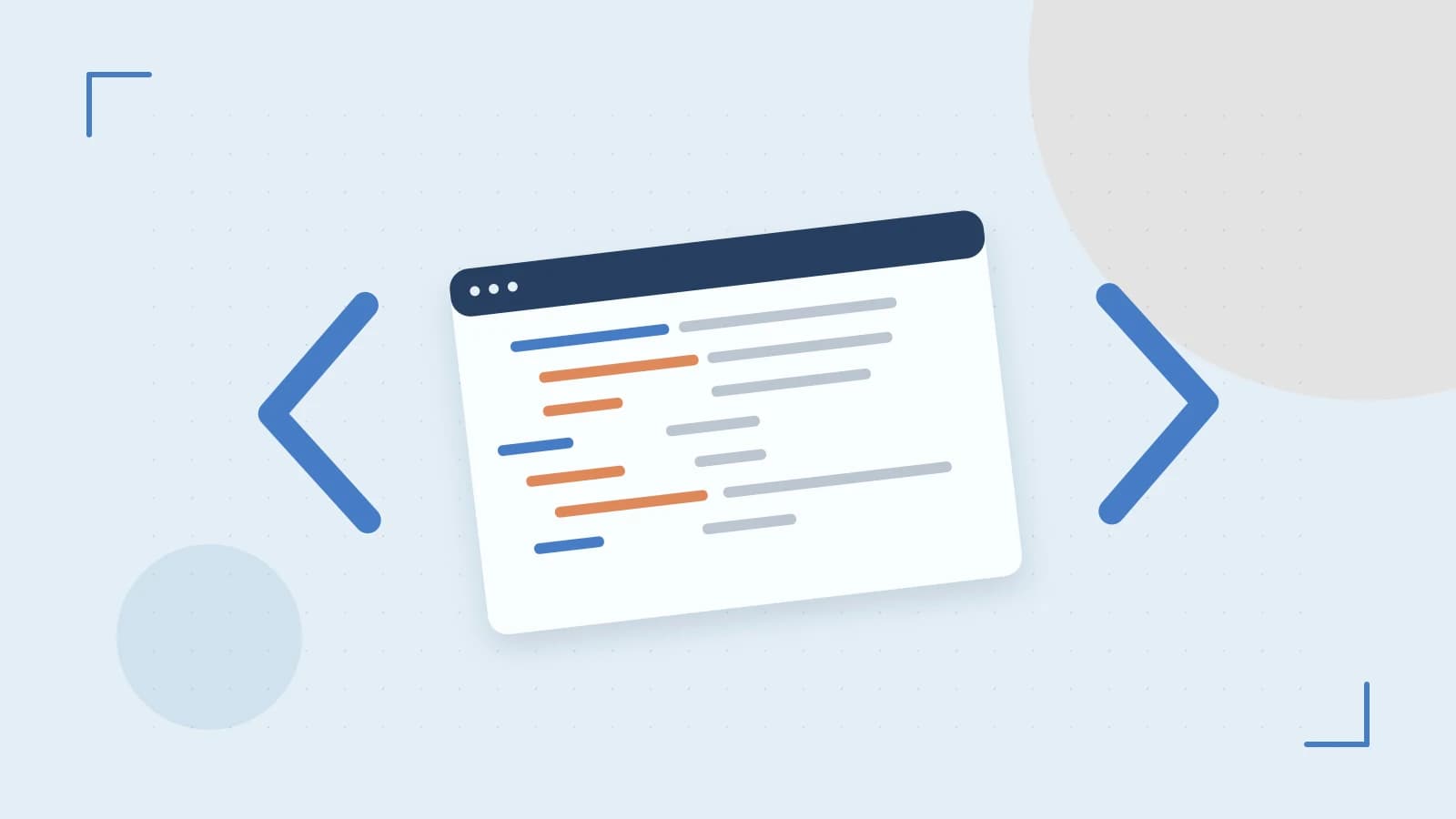 Editorial illustration of an abstract code editor, syntax blocks and oversized programming brackets