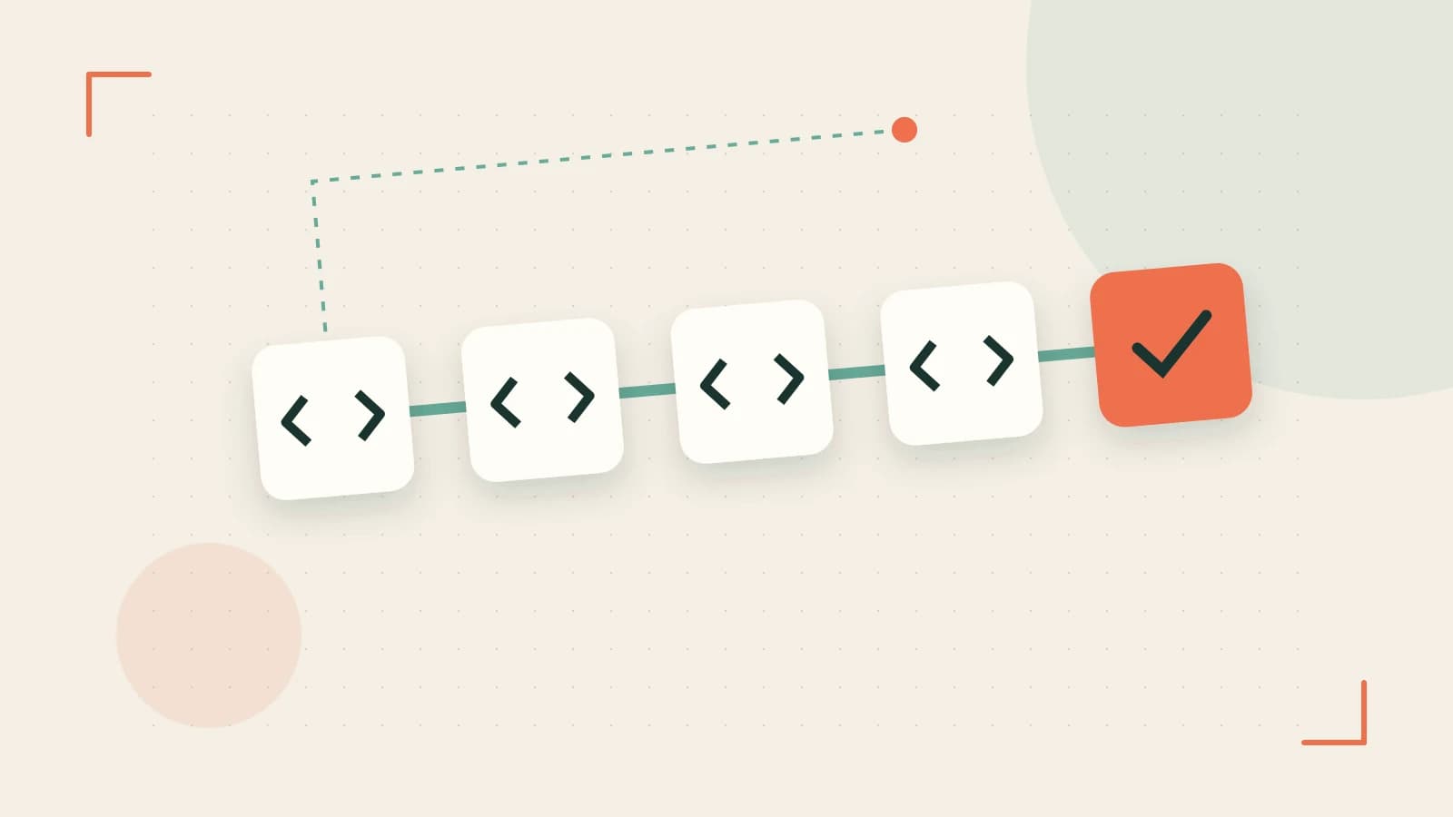 Editorial illustration of a branching build pipeline, staged transformations and a completed check