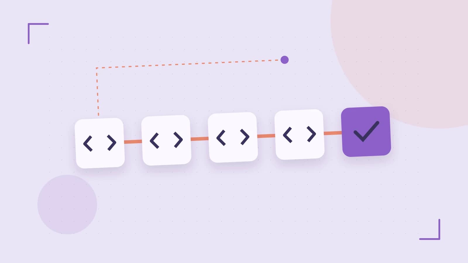 Editorial illustration of a branching build pipeline, staged transformations and a completed check