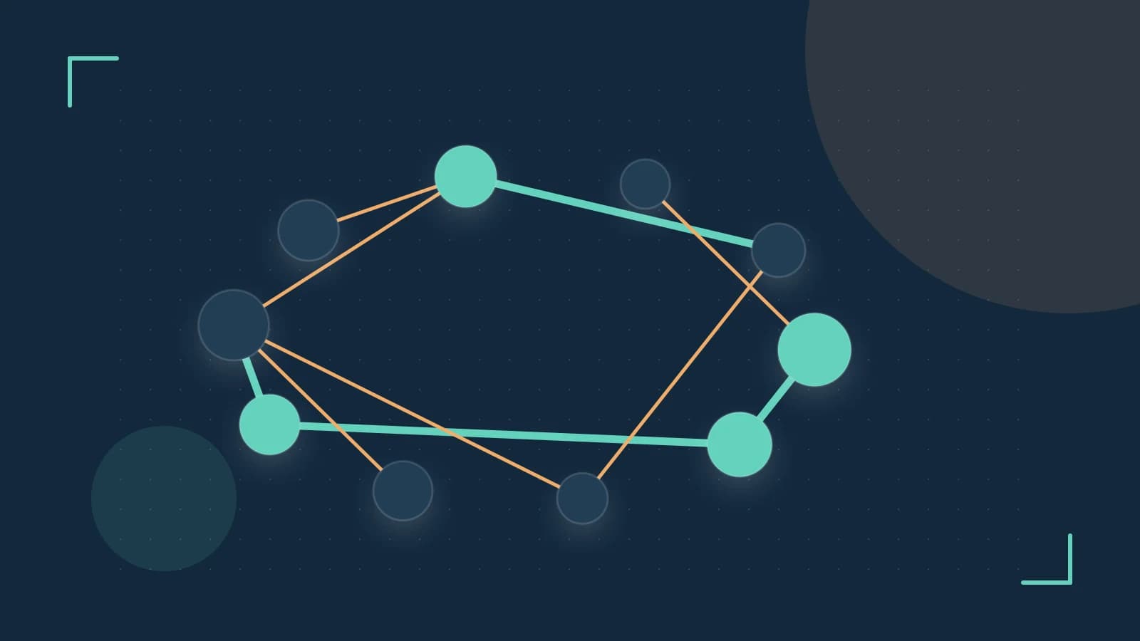 Editorial illustration of an algorithmic node graph with branching paths and a highlighted result