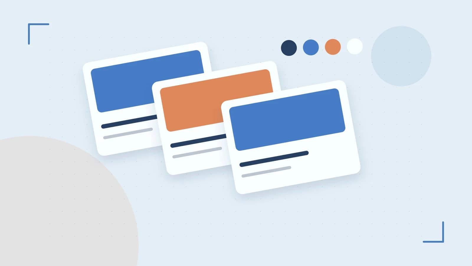 Editorial illustration of responsive browser layouts, overlapping design components and a color system