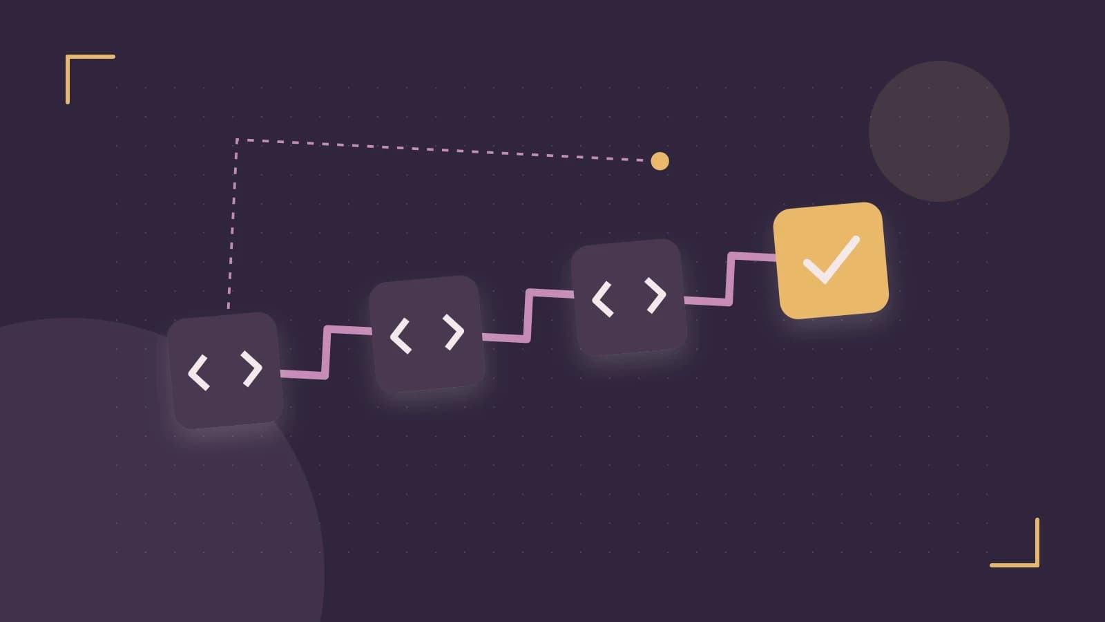 Editorial illustration of a branching build pipeline, staged transformations and a completed check