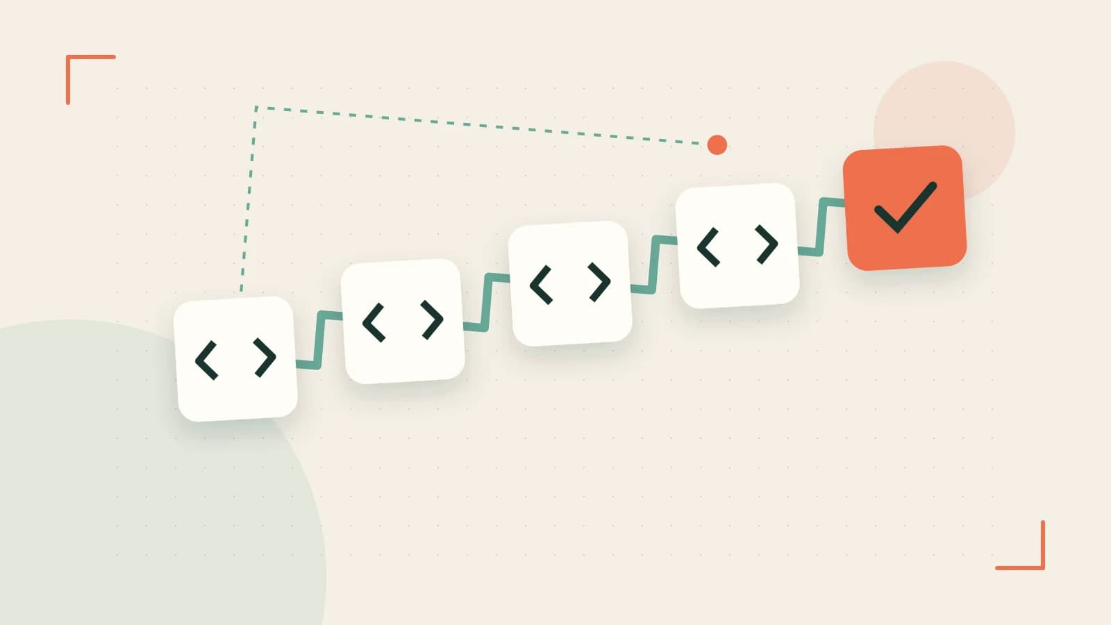 Editorial illustration of a branching build pipeline, staged transformations and a completed check